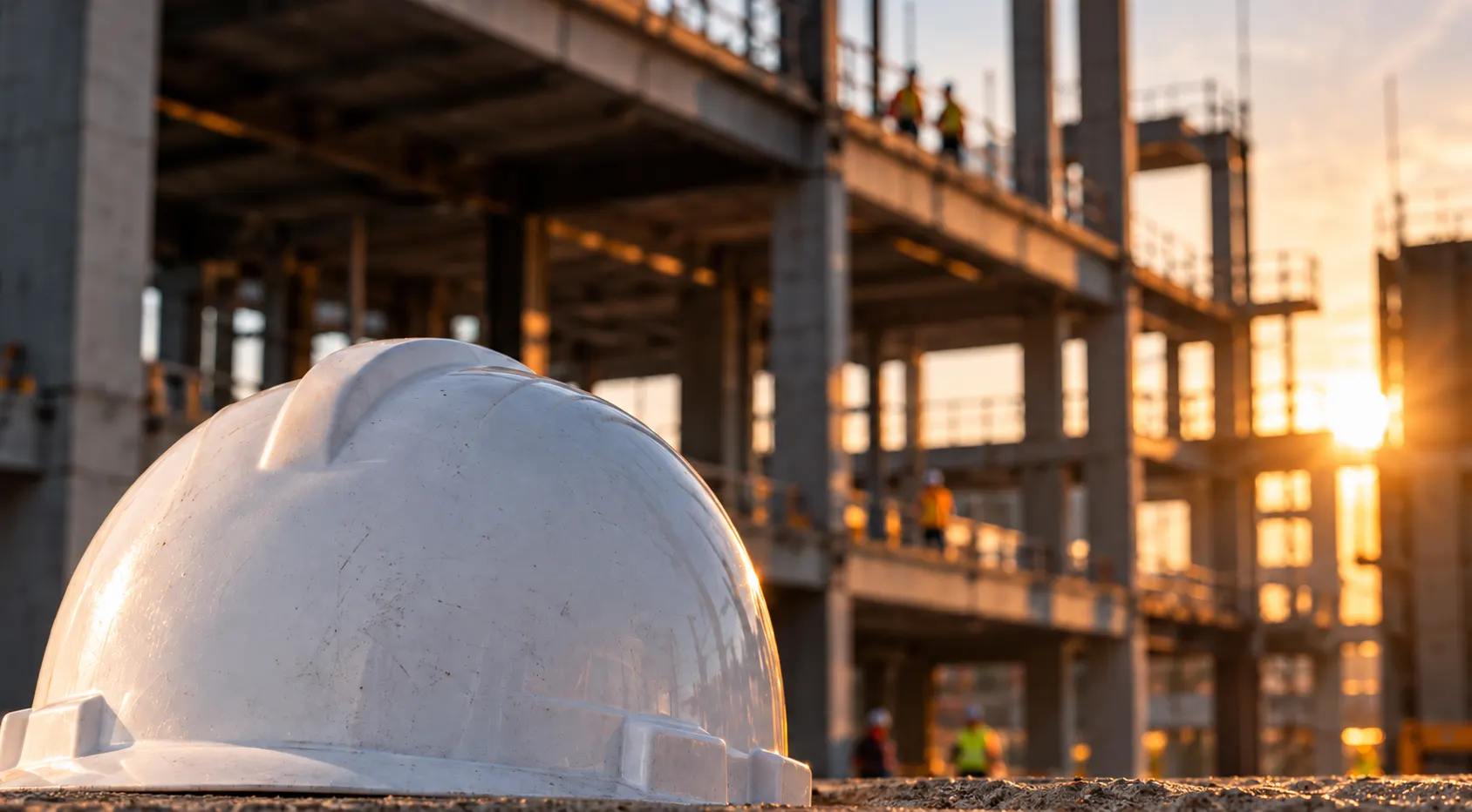 White hard hat on the ground in front of a building under construction at sunset