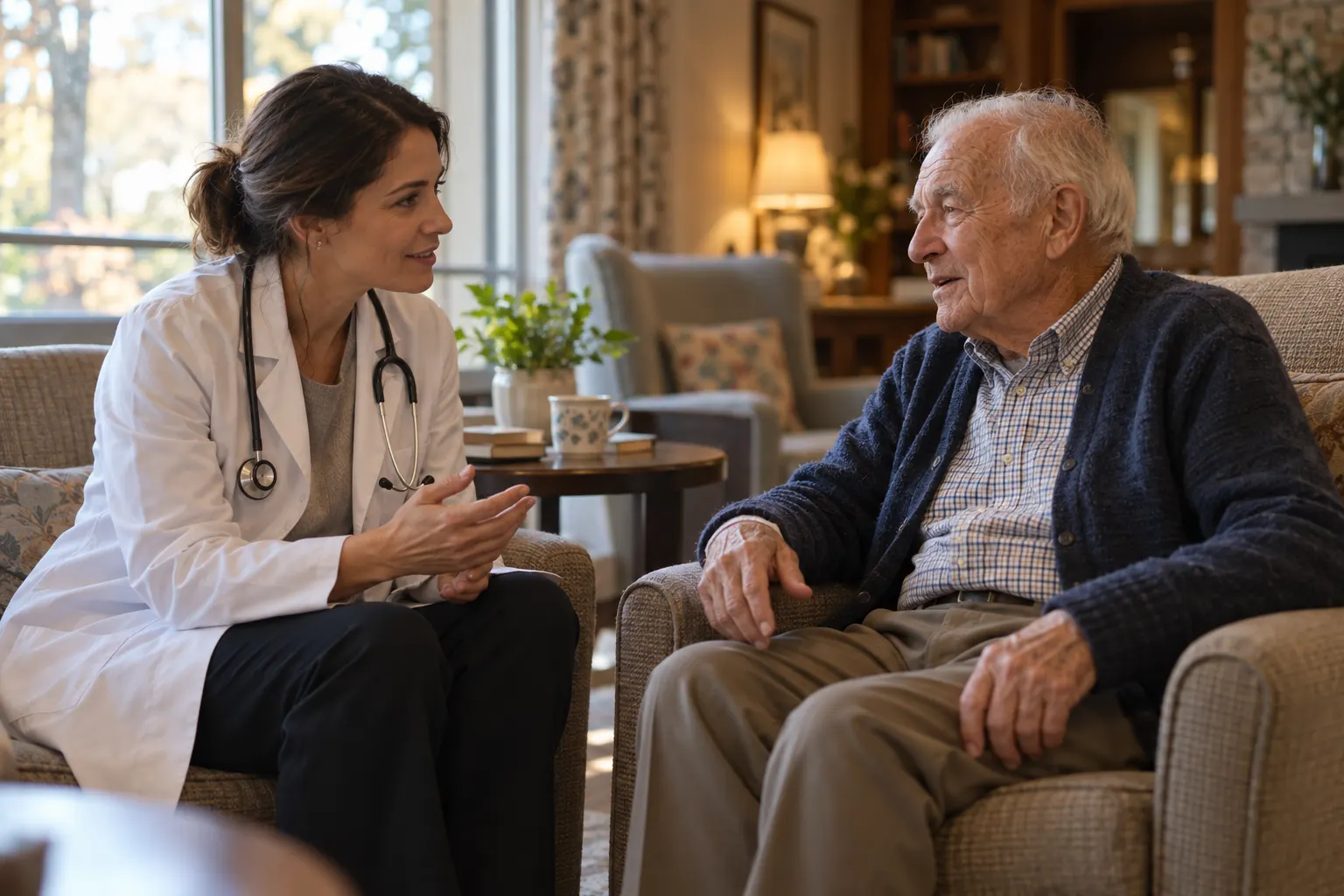 Doctor talking with an elderly patient in a care community lounge