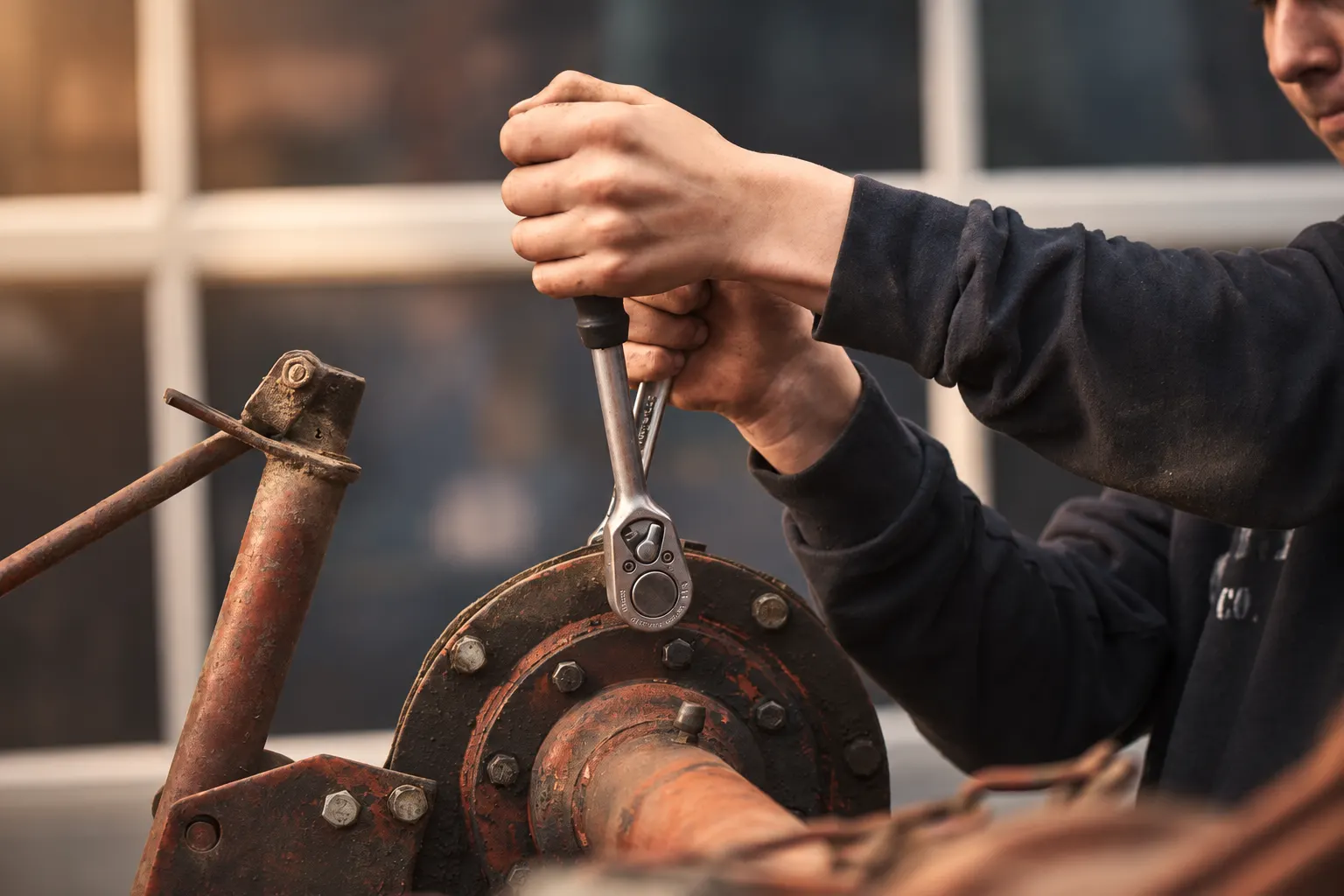Close-up of a worker’s hands tightening a bolt with a wrench