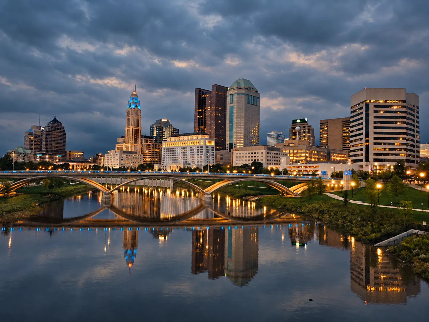 Downtown Columbus, Ohio skyline at dusk