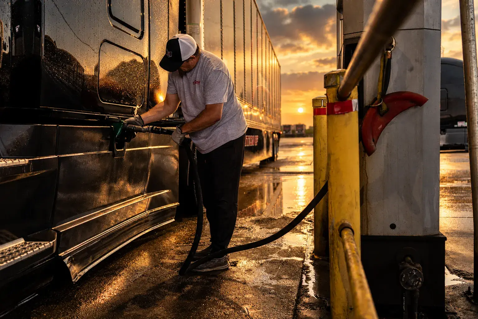 Truck driver fueling a semi truck at a rain-soaked fuel stop at sunset