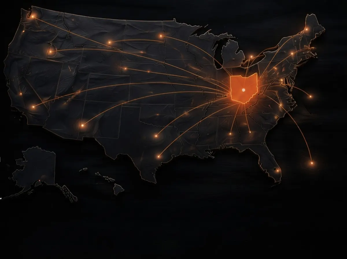 Map of the United States with connections radiating out from Ohio