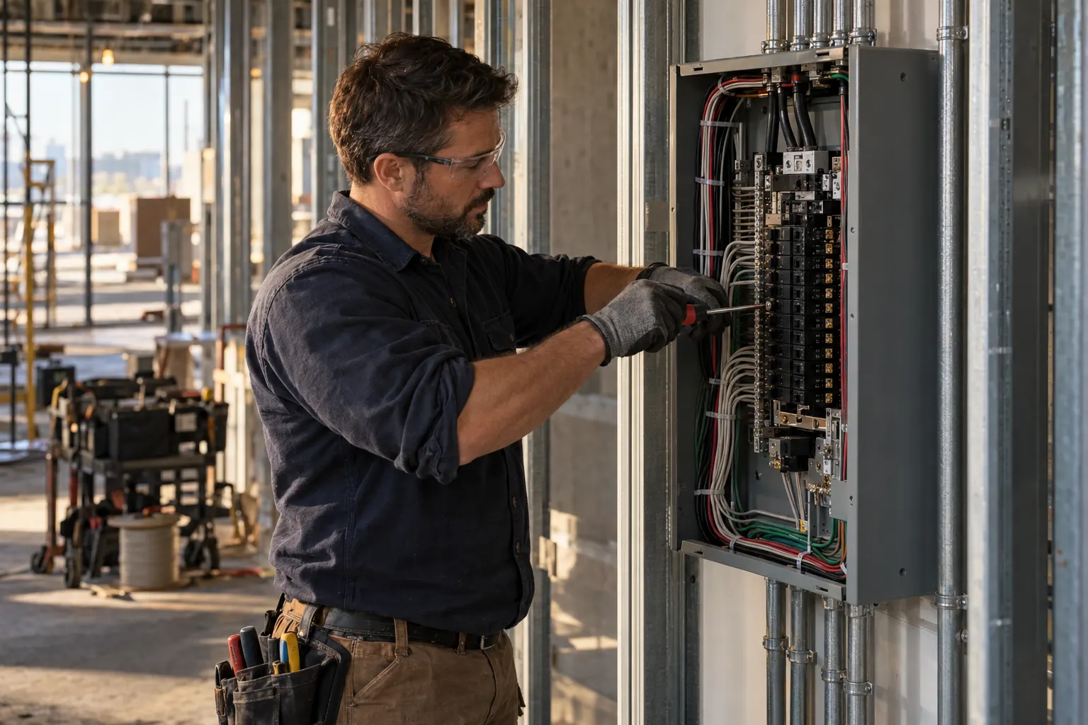Electrician in safety glasses and gloves wiring a breaker panel on a commercial job site