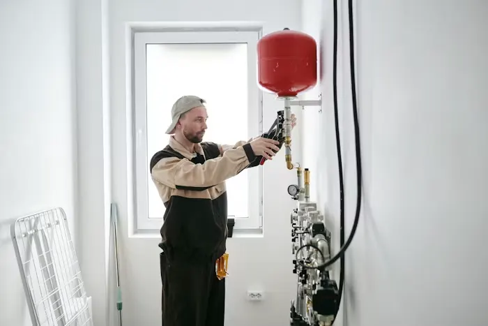 Plumber tightening a pipe fitting below a red expansion tank